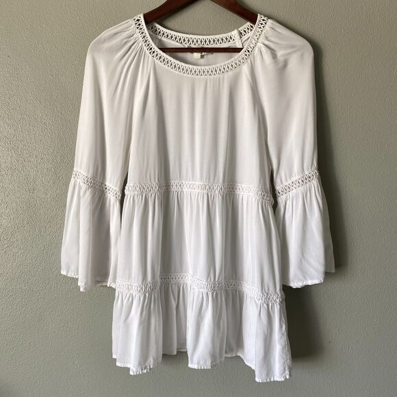 Spense Peasant Boho Tiered Blouse White Bell Sleeves Lace Tunic Women's Small - Picture 1 of 12